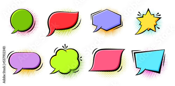 Fototapeta Cartoon pop art bubbles with black halftone shadow. Retro sketch speech bubble icon set. Fun comic page dialog text message balloon template shapes. Boom explosion, burst, wow effect empty frame