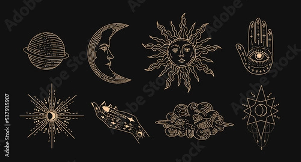 Fototapeta Set of linear vector illustrations. Hand drawn celestial illustrations depicting the sun, moon, planet, clouds. design elements for decoration in a modern style. magic drawings.