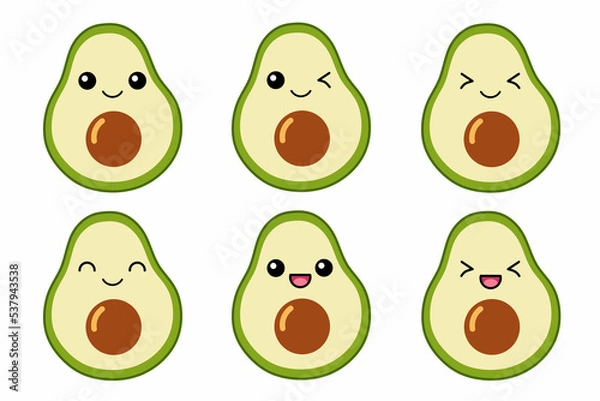 Fototapeta Vector illustration of cute avocado cartoon character isolated on white background. Fruit cartoon set with kawaii smiling emoji.