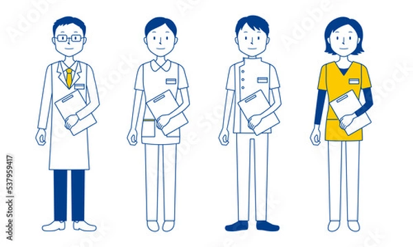 Fototapeta カルテを持った医療従事者（医師・看護師・理学療法士・放射線技師）のイラストセット
