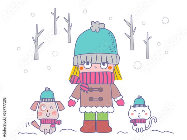 Obraz 冬服の女の子と動物たち
