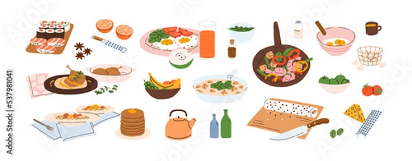 Fototapeta Naczynia na talerzach, zestaw misek. Dania obiadowe i obiadowe z mięsem, warzywami, grzybami. Serwowany kurczak, sushi, makaron, jajka sadzone, owoce. Płaskie grafiki wektorowe ilustracje izolowane na białym tle