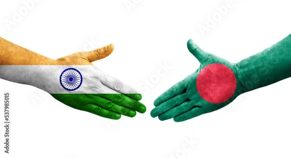 Obraz Handshake between Bangladesh and India flags painted on hands, isolated transparent image.