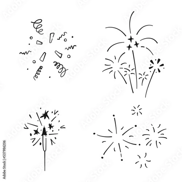 Fototapeta Set of simple doodle confetti, sparkler and fireworks. Collection of hand drawn elements holiday. Vector illustration