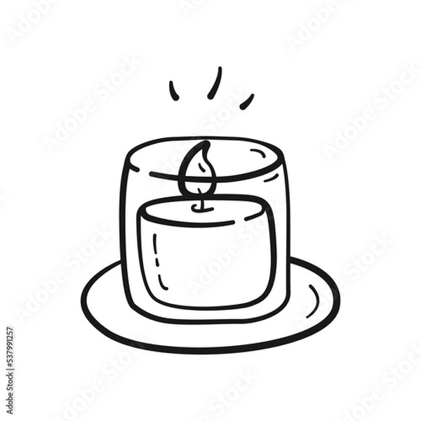 Fototapeta Simple doodle candle in glass jar. Burning candle in glass in black linear drawing style. Png on transparent background