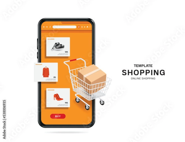 Fototapeta Parcel box in shopping cart floating on smartphone with online shopping app template on screen
