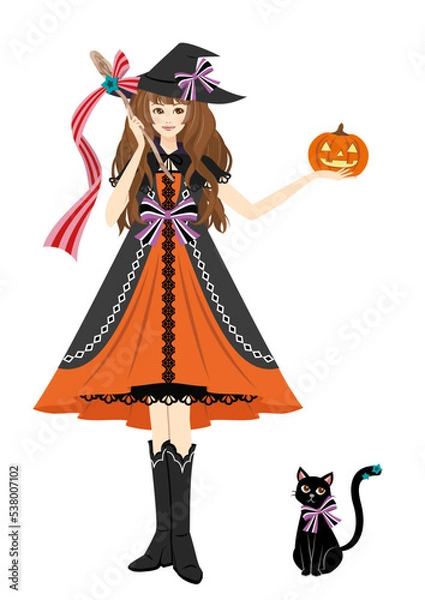 Obraz ランタンを持ったハロウィンのかわいい魔女と黒猫