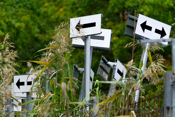 Fototapeta Signs with arrows behind a rusty fence by the forest