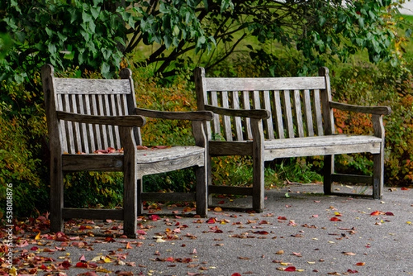 Fototapeta Two wooden park benches in autum with colorfull leafs