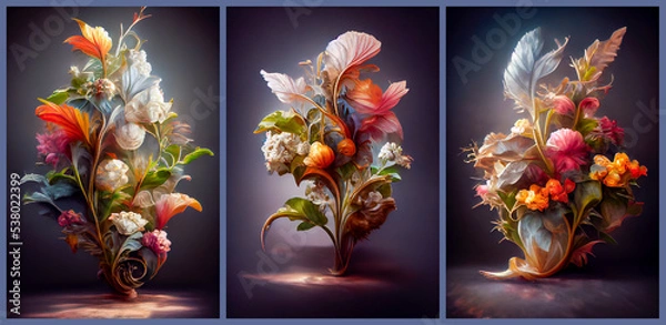 Fototapeta Bouquets of dried flowers. Artistic compositions for printing and interior design. Set of three images. 