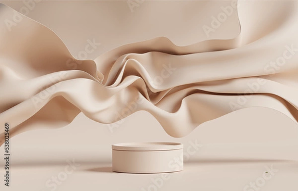 Fototapeta 3D display podium, beige background with pedestal and flying nude color silk cloth curtain. Nature wind. Beauty, cosmetic product presentation stand. Luxury feminine mockup 3d render advertisement
