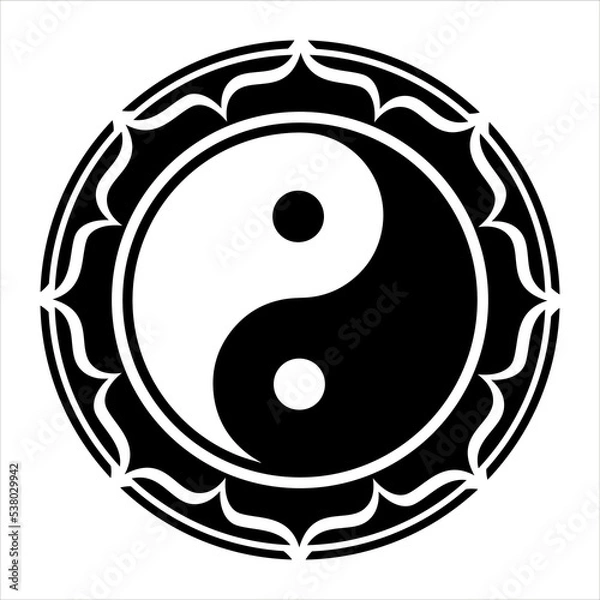 Fototapeta Illustration of a Yin Yang symbol in a lotus flower, Chinese, Taoist, sign, vector, isolated, white background
