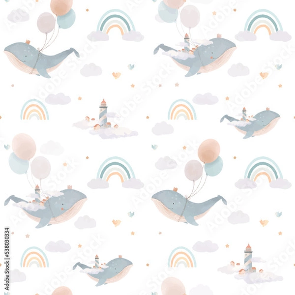 Fototapeta Beautiful vector children seamless pattern contain cute watercolor flying whales with air balloons lighthouses clouds and rainbows. Stock illustration.