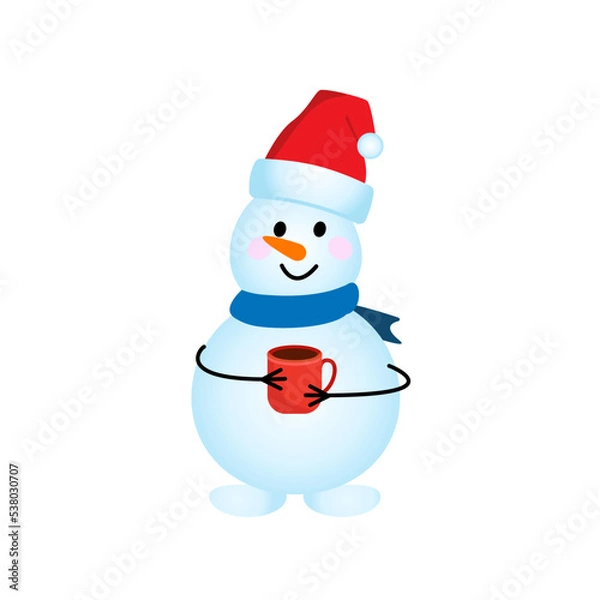 Fototapeta character is a snowman in a scarf and a hat with a red mug. Vector illustration.