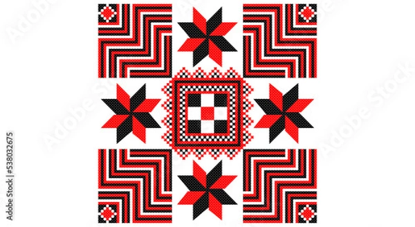 Obraz Embroidered good like old handmade cross-stitch ethnic Ukraine pattern. Ukrainian towel ornament, rushnyk called, vector.