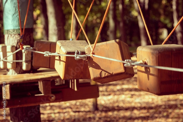 Obraz The bridges, ropes and ladders of the Adventure Park are designed for beginners among the tall trees. Adventure climbing in a high ropes course