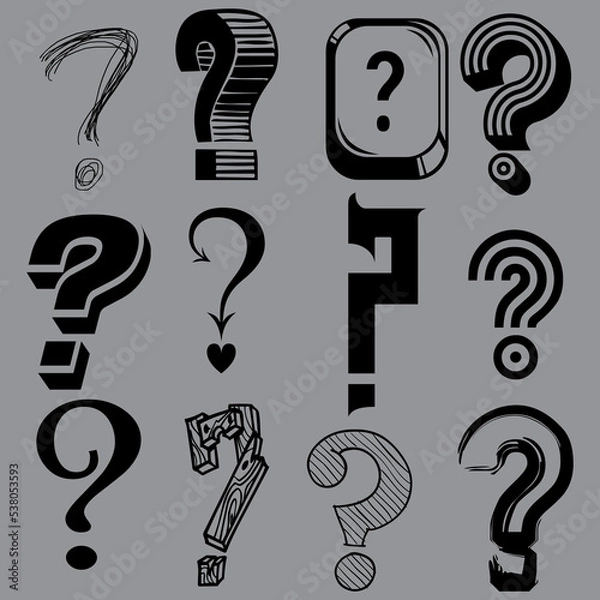 Fototapeta Vector set of abstract artistic calligraphic question marks, collection of black graphic multiple signs. 