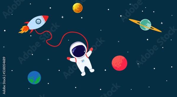 Fototapeta Set of astronaut, rocket and planets in space on dark background. Cute flat vector illustration for kids birthday party invitation card design, back to school concept, copy space for your text.
