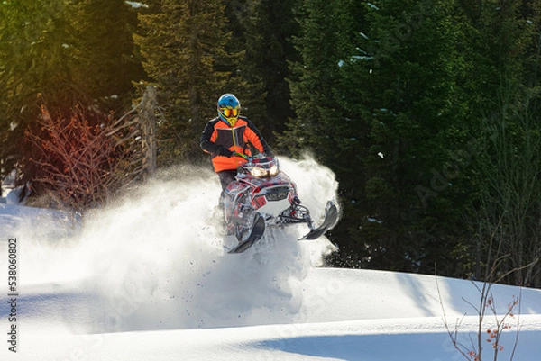 Obraz snowmobile fun. sports snow bike with snow splashes and snow trail. bright snowmobile and suit without brands. snowmobilers sports riding. stock photo very high quality