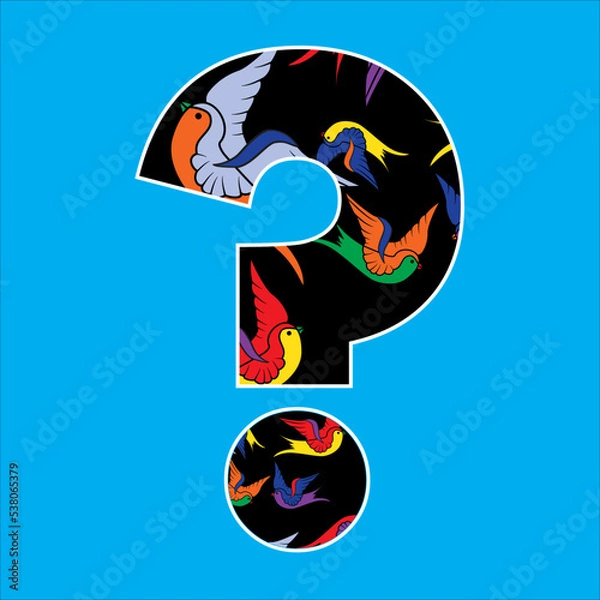 Fototapeta Vector illustration large artistic question mark isolated on blue background. Graphic unusual interrogation point with pattern of colorful swallow birds.