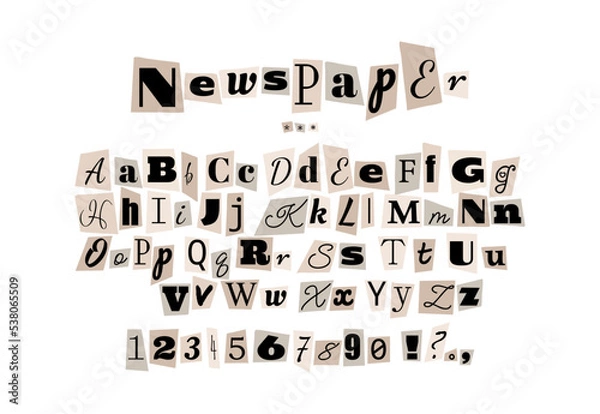 Fototapeta Alphabet in the style of anonymous messages. Letters cut out of a newspaper on a white sheet of paper.