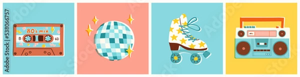 Obraz Set of retro items including boombox, roller skates, disco ball and cassette tape. Vector illustration of 80s disco party theme. Hand drawn elements in colorful vintage style.
