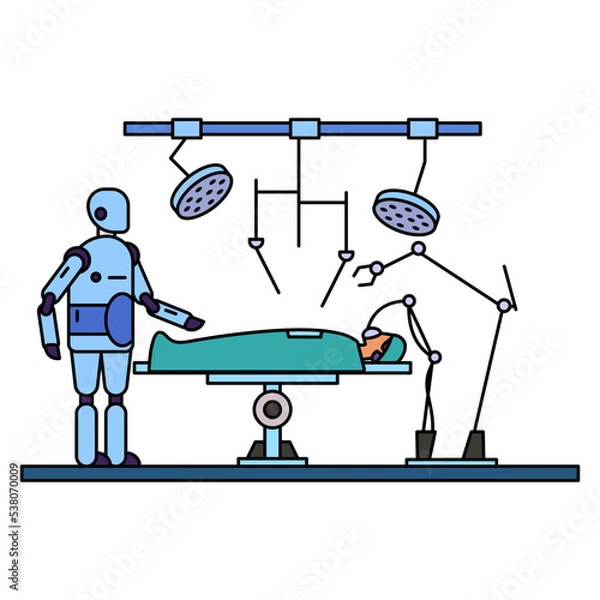 Fototapeta Robotic surgery Concept, Surgeon robot with patient in operating room vector color icon design, Robotic medicine symbol, Healthcare Scene Sign, Innovation Artificial Intelligence Work in Modern Clinic