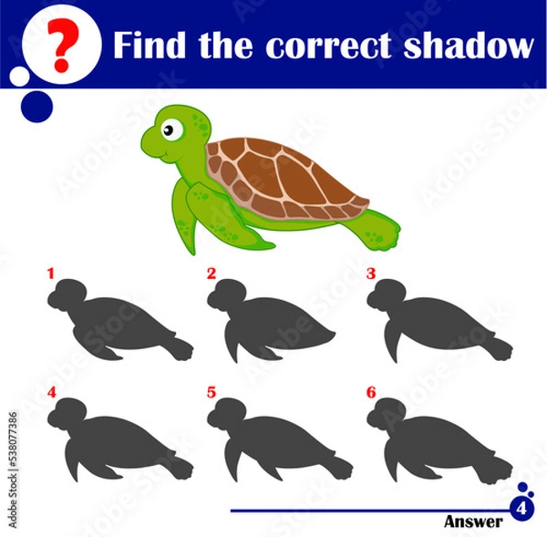 Fototapeta Educational game for children. Find the correct shadow. Cute sea turtle