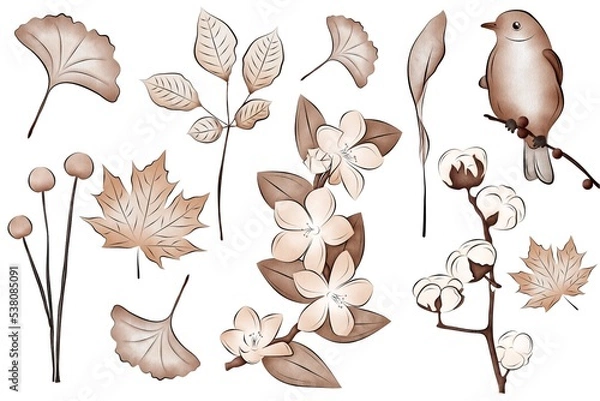 Obraz Autumn watercolor collection. Set of plants and birds. Beige and brown shades. Separate element for bouquets, wreaths, wedding invitations, anniversaries, birthdays, cards and congratulations.