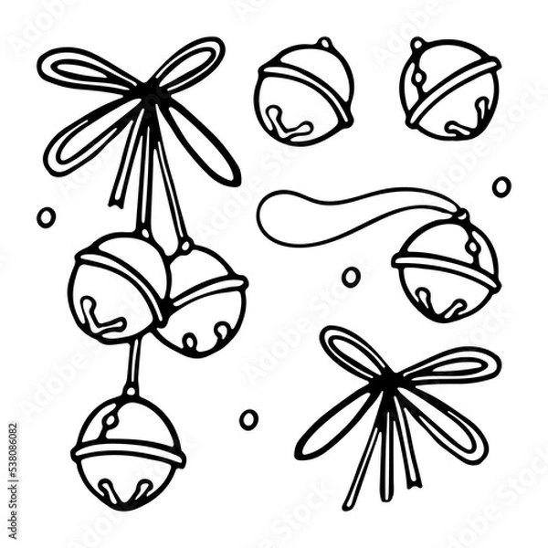 Obraz Christmas sleigh bells with ribbon bow on a white background in cartoon style Vector. Jingle Bells set hand drawn Outline linear drawing of Coloring book page for adults and children