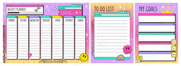 Fototapeta Weekly planner and To Do List  in y2k style. Kids Retrowave schedule design template