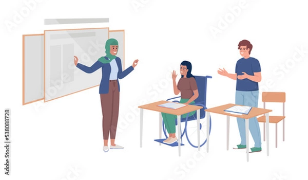 Fototapeta School lesson semi flat color vector characters. Editable figures. Full body people on white. Students and teacher simple cartoon style illustration for web graphic design and animation