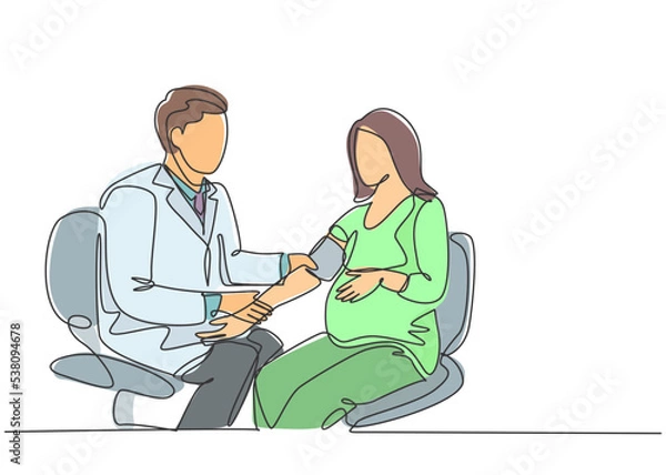 Fototapeta One single line drawing of male obstetrics and gynecology doctor checking the patient blood pressure and fetal condition. Pregnancy health care concept continuous line draw design vector illustration