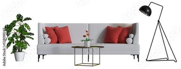 Fototapeta sofa and decoration on transparent background. png. 3D rendering