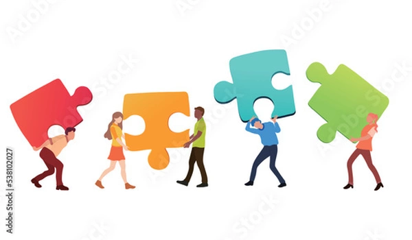 Fototapeta People connecting puzzle pieces, teamwork and partnership concept. Symbol of business, cooperation and innovation. Hand-drawn, vector illustration.