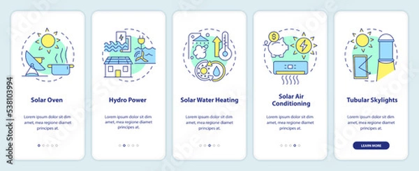 Obraz Power home with renewable energy ways onboarding mobile app screen. Walkthrough 5 steps editable graphic instructions with linear concepts. UI, UX, GUI template. Myriad Pro-Bold, Regular fonts used