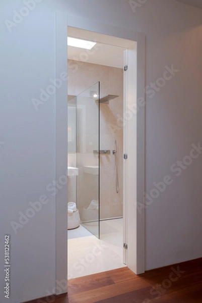 Fototapeta From the open door corridor with parquet floor, detail of a glimpse of a newly renovated bathroom