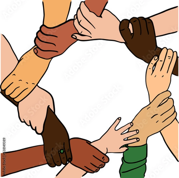Fototapeta Multiracial human hands make circle with blank space in the middle. Cultural equity, diversity togetherness concept. Round symbol of unity, team, group, partnership, leading, support, community.