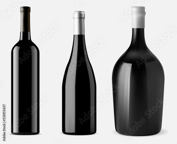 Obraz Isolated glass wine bottle set. Red wine vector mockup on white background. Vineyard beverage, cabernet or merlot vintage bottles for celebration. Luxury object design with mesh