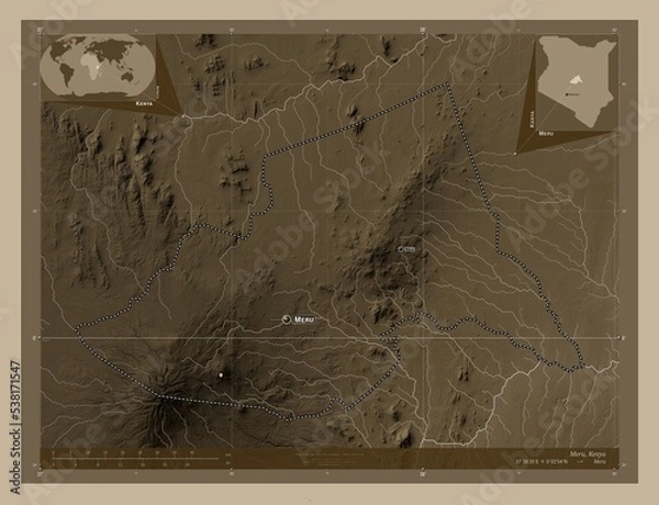 Fototapeta Meru, Kenya. Sepia. Labelled points of cities