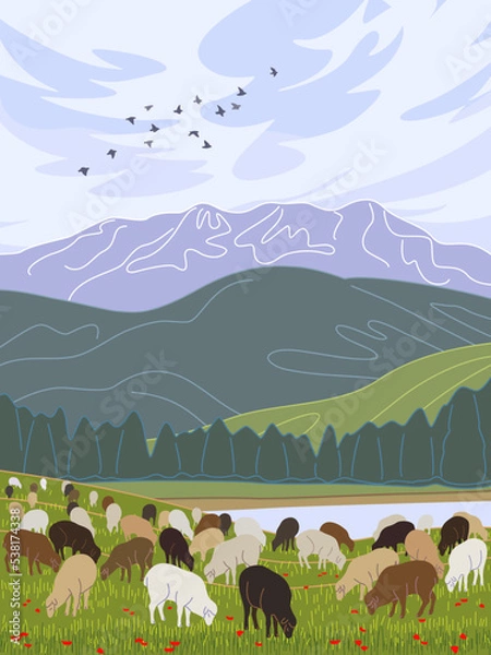 Obraz Landscape with  Mountains,  River  and  Sheep Grazing on Lawn