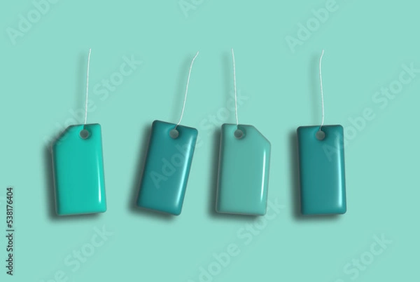 Fototapeta Empty green price tags on a rope, set. 3D illustration, rendering