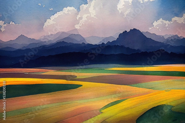 Obraz Vibrant watercolor atmospheric nature landscape with sky and mountains