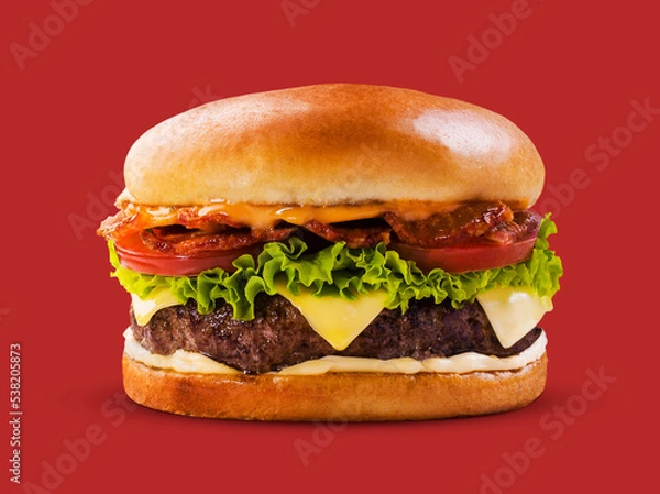 Fototapeta fresh tasty burger isolated on red background