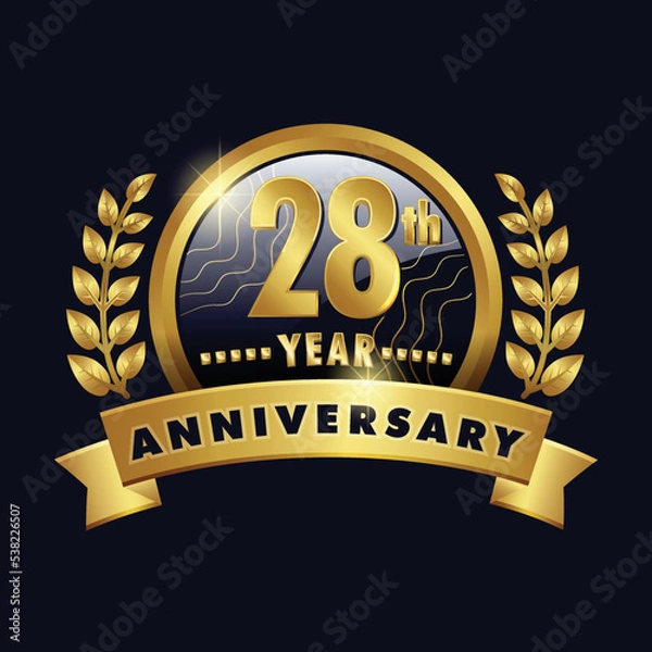 Obraz 28th anniversary golden logo twenty eight Years Badge with number 28 ribbon, laurel wreath vector design