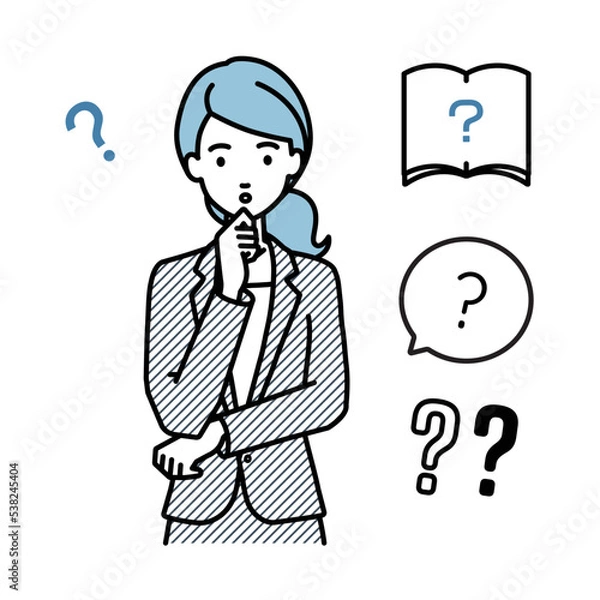 Fototapeta 立って手をあごにあてて疑問を感じているスーツの女性 クエスチョンマークのセット