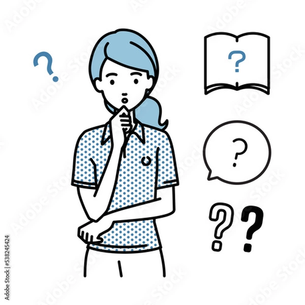 Fototapeta 立って手をあごにあてて疑問を感じているポロシャツの女性 クエスチョンマークのセット