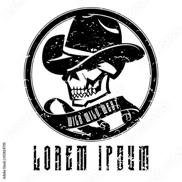 Fototapeta black and white skull logo wearing cowboy hat