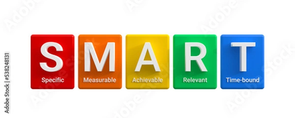 Fototapeta Concept of SMART - a strategy for setting goals and objectives - Specific, Measurable, Achievable, Relevant and Time-bound. Colored cubes isolated on white background. 3D rendering