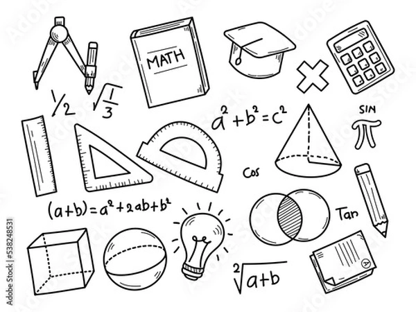Fototapeta Set of mathematics doodle illustrations with black and white design on isolated background